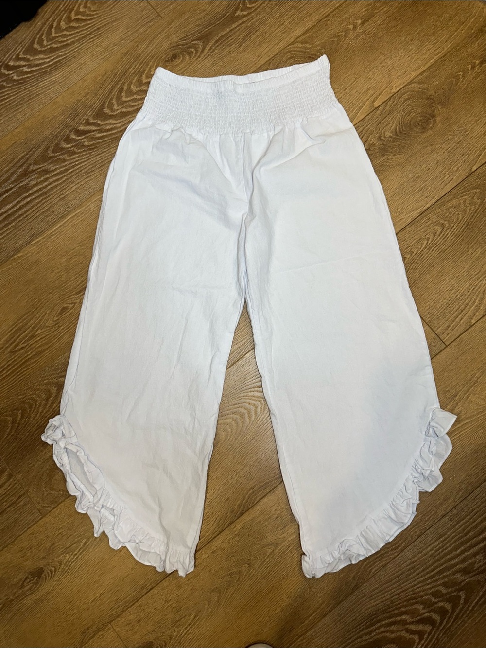 Boho White Wide Leg Ruffle-Hem Pants, shirred waist linen look | coastal relaxed